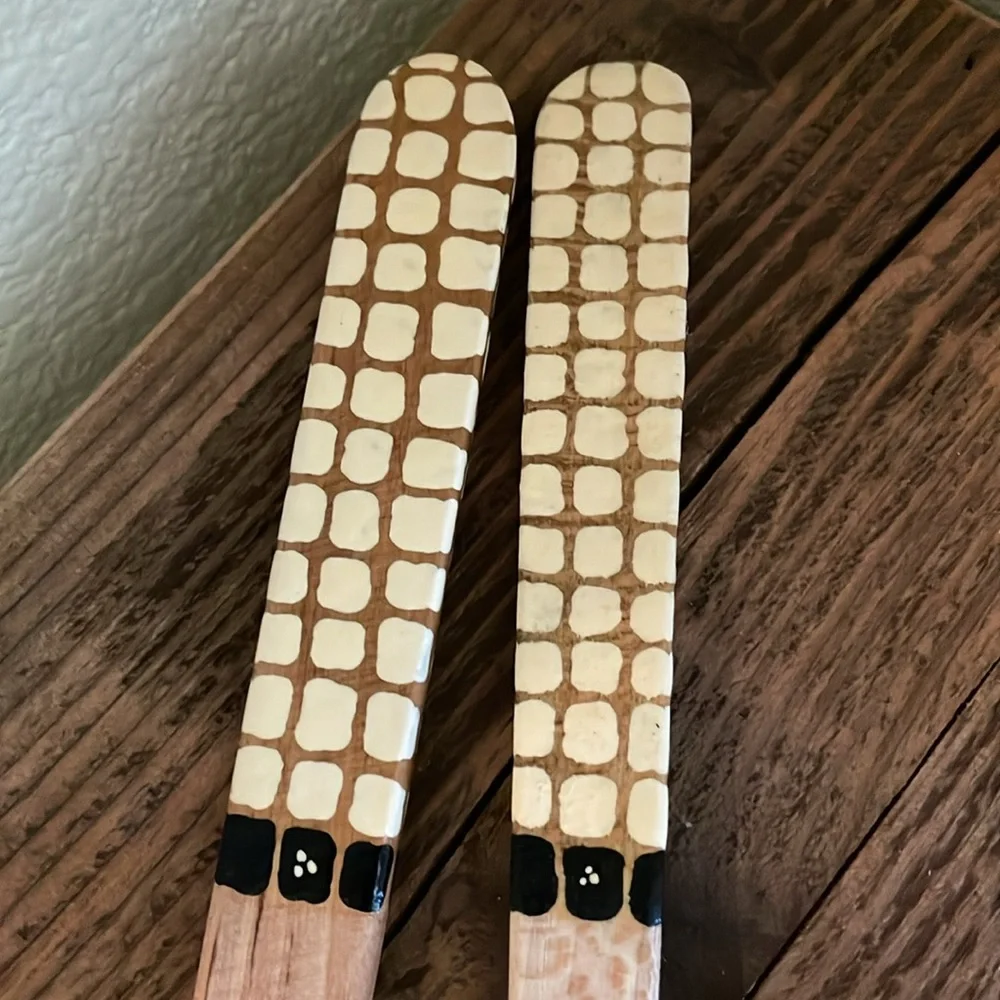 Artisan-made in Portugal Wooden Serving Spoon and Fork, hand-painted, ~14”